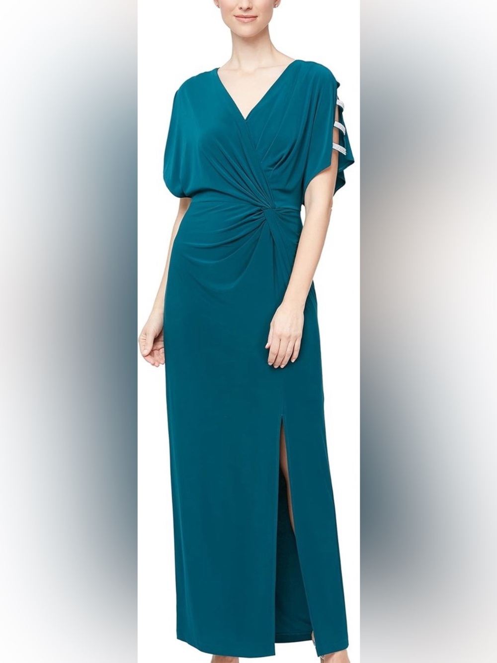 Alex Evenings Teal Maxi Dress with Cape Sleeve Detail